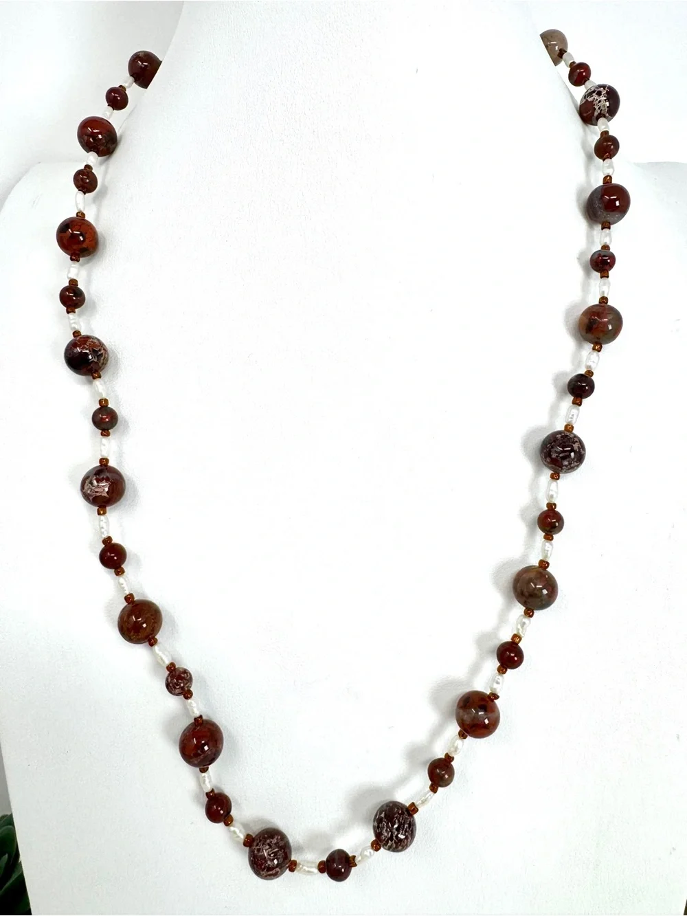 Vintage Natural Brecciated Jasper & Freshwater Pearl Beaded Strand Necklace